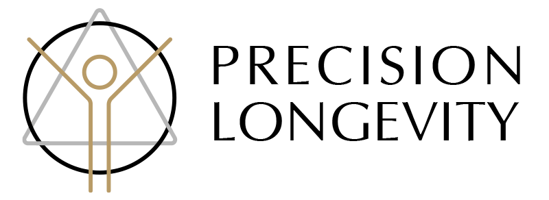 Black Precision Longevity logo with the typed name and stick figure person with their arms raised in victory.